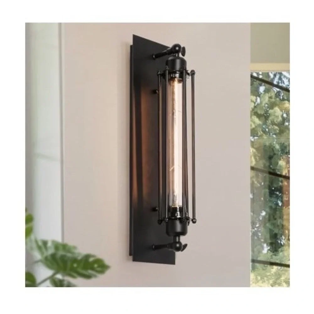 LNC Modern Industrial black 1-light wall sconce w/cage for hallway & dry areas.